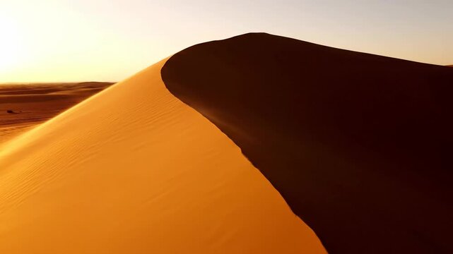 Large sand dune illuminated by warm sunlight across an expansive desert terrain