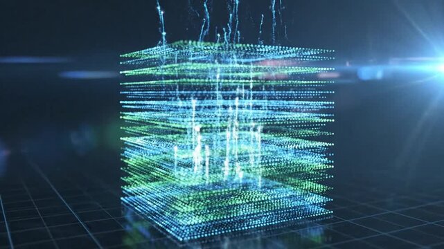 Abstract Financial Technology Data Stack with Luminous Azure and Emerald Particles on Black Backdrop for Digital Banking, Blockchain Encryption, and Corporate Innovation Solutions Vector Backdrop