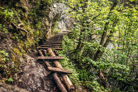 Tourist path along River Hornad in park called Slovak Paradise, Slovakia
