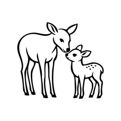 Dibujo minimalista con líneas de una cierva de pie besando a su cervatillo. Concepto de amor maternal © teracreonte