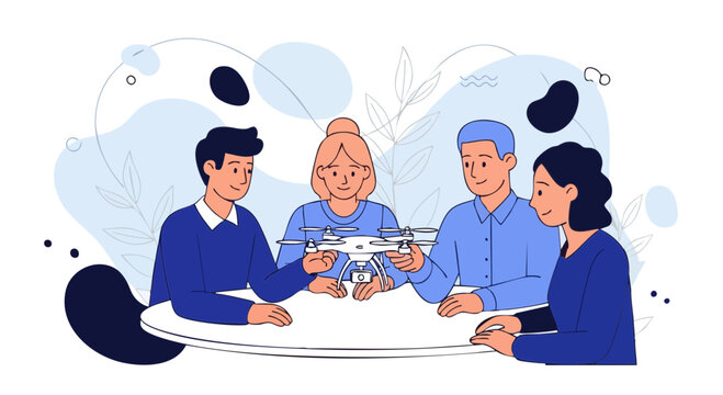 Team of engineers collaborating on drone product design illustration