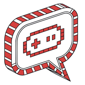 Pixel art game controller in candy cane striped speech bubble with controller