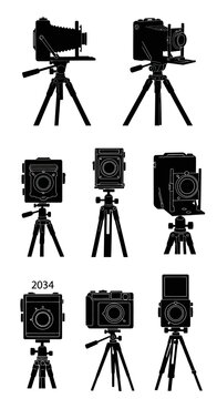 Vintage camera silhouette collection, 8 antique photography equipment icons on tripods, retro large format and medium format camera vector set