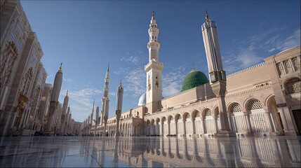 Fototapeta premium Medina's Nabawi Mosque has a tall tower.