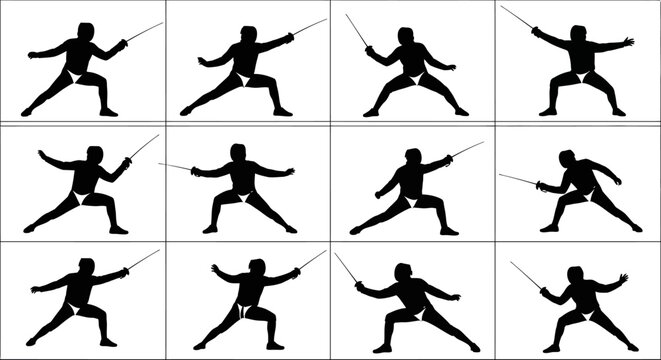 Fencing athlete silhouettes set, 12 fencer vector icons in action poses, professional swordsman combat sport silhouettes for athletic competition branding