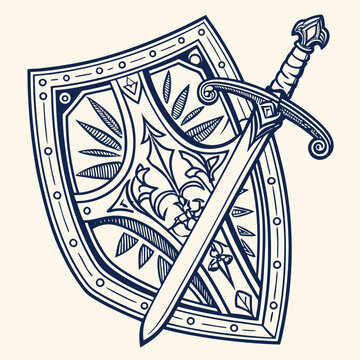 Decorative medieval shield with ornate patterns and cross sword, medieval