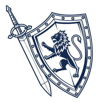 Medieval shield with lion crest and sword heraldic emblem illustration, medieval