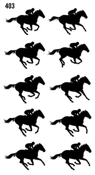 Horse racing silhouettes set, black equestrian jockey icons, galloping stallion vector collection, 10 horse and rider figures for sports design
