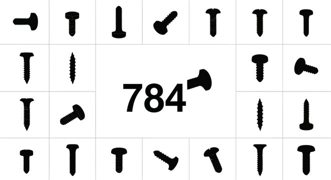 Industrial screw and bolt silhouettes, set of 784 metal fastener icons, black construction hardware elements, carpentry and engineering tools vector