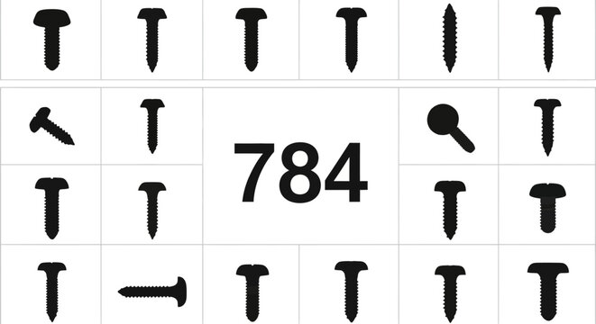 Industrial screw and nail silhouettes, collection of 784 hardware elements, black metal fastener icons for construction and carpentry projects
