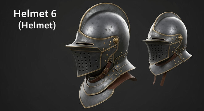 Medieval knight helmet 6 with visor, realistic steel armor headgear with gold trim, historical warrior protective gear for gaming and museum displays