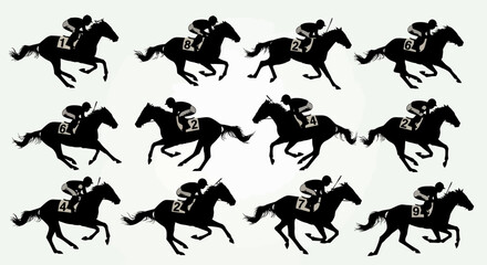 Obraz premium Horse racing silhouette set with 12 equestrian icons, galloping racehorse and jockey vector collection, competitive derby sports graphics