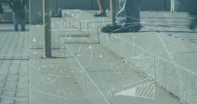 Person stepping onto lowest step initiating white math overlay staying ascending steps to entrance