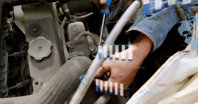 Auto tech hands inserting driver at plug or hose, prying clamp under hood, overlay showing for repai