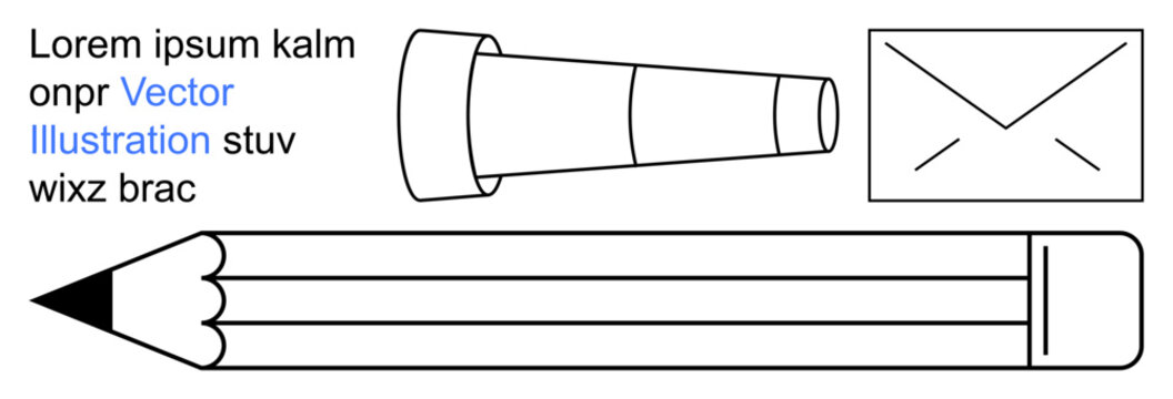 Education, communication, creativity, writing, design, and art concepts. Black and white vector outlines of a pencil, envelope and telescope. Creativity and communication