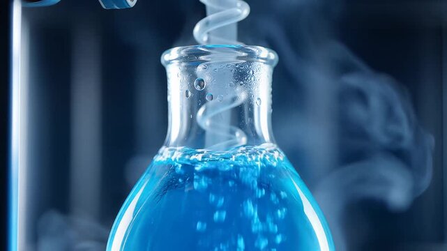 Close-up of blue liquid bubbling in a laboratory flask with steam rising science experiment
