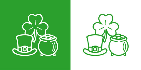 Día de San Patricio. Logo con dibujo con líneas de sombrero de leprechaun, trébol de tres hojas y olla con monedas de oro para felicitaciones y tarjetas © teracreonte