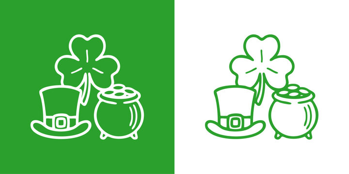 D&iacute;a de San Patricio. Logo con dibujo con l&iacute;neas de sombrero de leprechaun, tr&eacute;bol de tres hojas y olla con monedas de oro para felicitaciones y tarjetas
