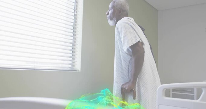 Patient pushing up from bed, shifting to cane, regaining motion, medical overlay highlighting cane