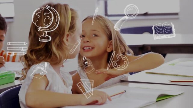 Right student leaning in whispering help to left student writing in workbook, icons overlaying