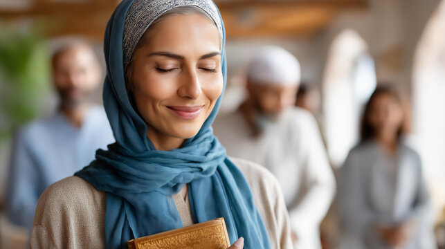 Muslim woman holding a prayer mat in a community center, faith and cultural identity in a shared space, spiritual lifestyle concept, inclusive community photography, with copy