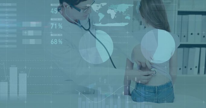 Doctor approaching child lifting shirt placing stethoscope checking lungs as medical charts rising