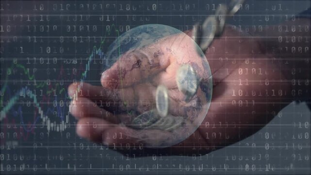 Man's right hand catching coin stream from above visualizing finance flow with globe, binary chart