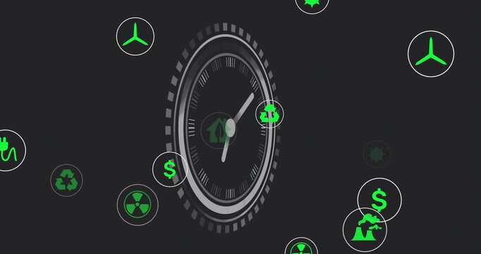 Central dial animating after ripple pulling icons inward, showing energy dashboard orbiting clock