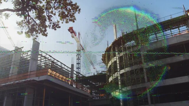 Bubble appearing, expanding particle waveform over construction, moving worker and turning crane