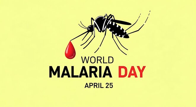 World malaria day poster featuring a mosquito and red ribbon on a green background