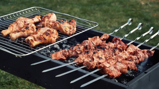 Pork skewers and chicken feet marinated grilling on rack over coals, spring barbecue in backyard