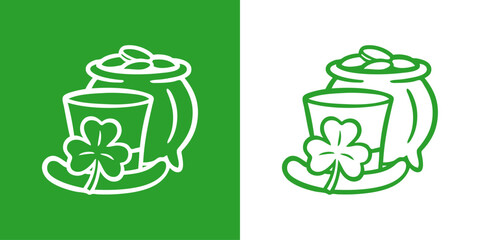 Día de San Patricio. Logo con dibujo con líneas de sombrero de leprechaun, trébol de tres hojas y olla con monedas de oro para felicitaciones y tarjetas © teracreonte