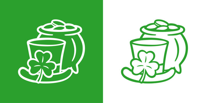 D&iacute;a de San Patricio. Logo con dibujo con l&iacute;neas de sombrero de leprechaun, tr&eacute;bol de tres hojas y olla con monedas de oro para felicitaciones y tarjetas