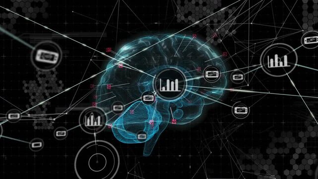 Cyan brain receiving left data stream, expanding network with floating charts and devices for tech