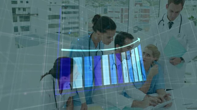 Seated clinician tapping tablet, medical team leaning, hologram bar chart rising to show case data