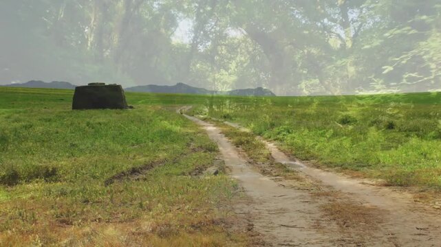 Camera drifting right revealing dirt track, dark mound, hills creating canopy overlay for film