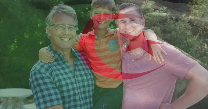 Senior, father and son posing in backyard, flag overlay fading and tinting portrait for marketing
