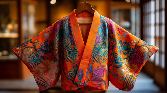 Vibrant Japanese happi coat with traditional pine, bamboo, and plum branch patterns, cultural heritage garment, event program and museum guide visual, Japanese identity concept,