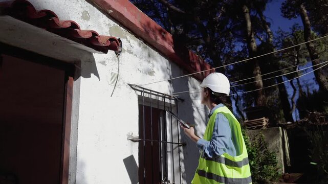 Professional building inspector evaluating the condition of an old house's facade, using a tablet to document structural issues, cracks, and defects for a renovation report