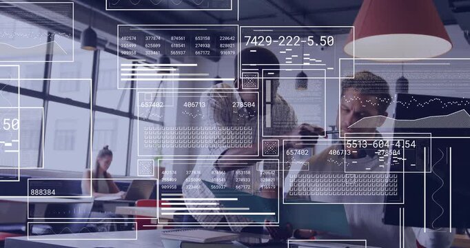 Standing man handing teal folder seated man reading noting as HUD data sliding across office screen
