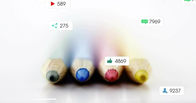 Four color pencils still on play, spawning social icons with counts around tips showing engagement
