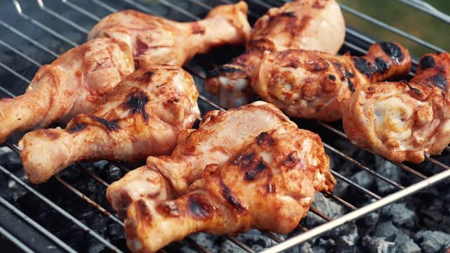hicken feet marinated grilling on rack over coals, spring barbecue in backyard