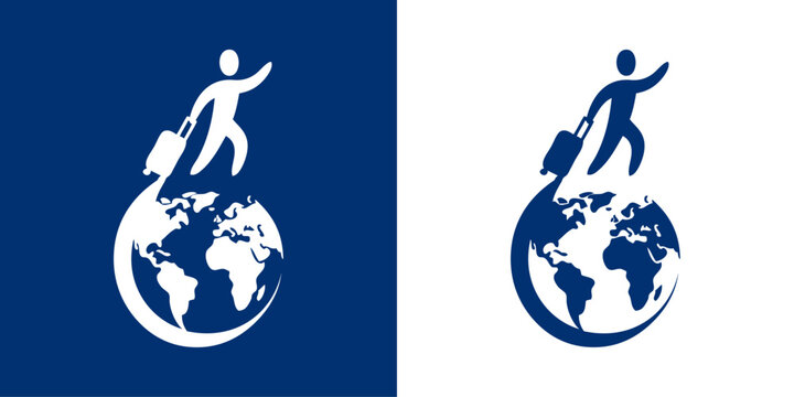 Logo agencia de viajes. Dibujo minimalista con silueta de un hombre andando con una maleta alrededor de un globo terr&aacute;queo en color azul
