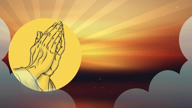 Golden Sunset Praying Hands. Warm Spiritual Devotion Background with Copy Space. Motion Studio Christian Set.