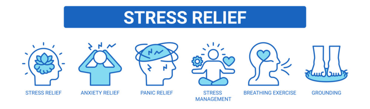 Stress Relief web banner icon vector illustration concept with icons of stress relief, anxiety relief, panic relief, stress management, breathing exercise, and grounding.