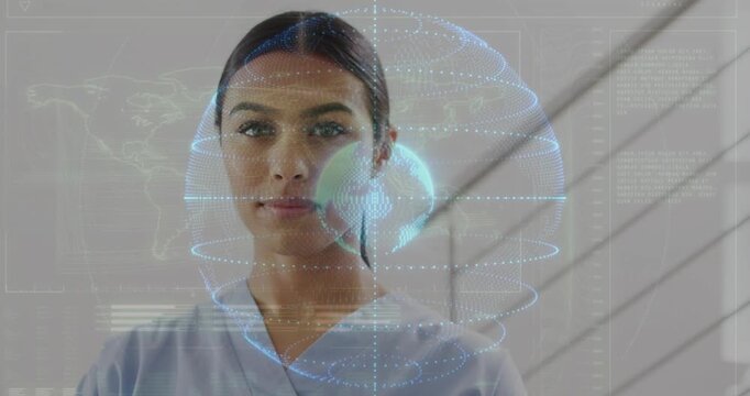 Clinician facing camera in lab hall, data globe appearing and rotating, casting cheek glow for exam