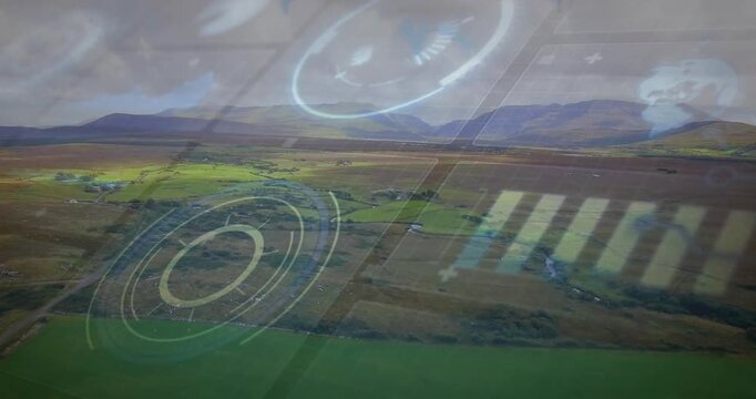 Camera drifting, HUD overlay animating over farms, rings rotating, marker shifting monitoring crops