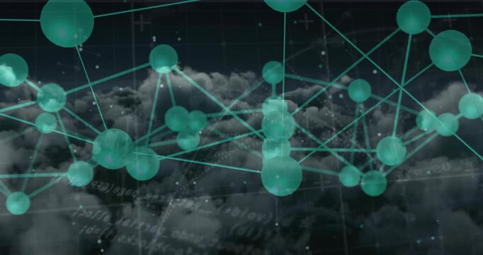 Camera panning and zooming, teal network rotating with nodes shifting, visualizing dynamic data