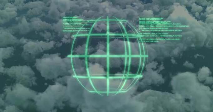 Holographic globe fading in above clouds, drawing animated HUD panels visualizing weather data