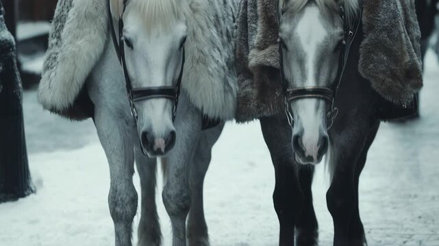 Two beautiful horses wearing bridles and fur blankets are standing still on a snowy winter day